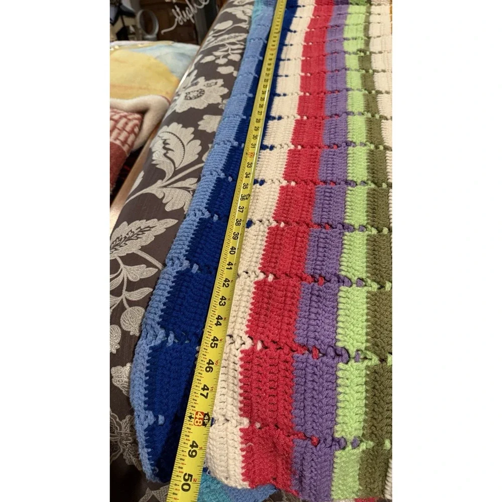 Vintage Large Rainbow Stripe Crochet Afghan Blanket‎ Handmade Throw 100x74